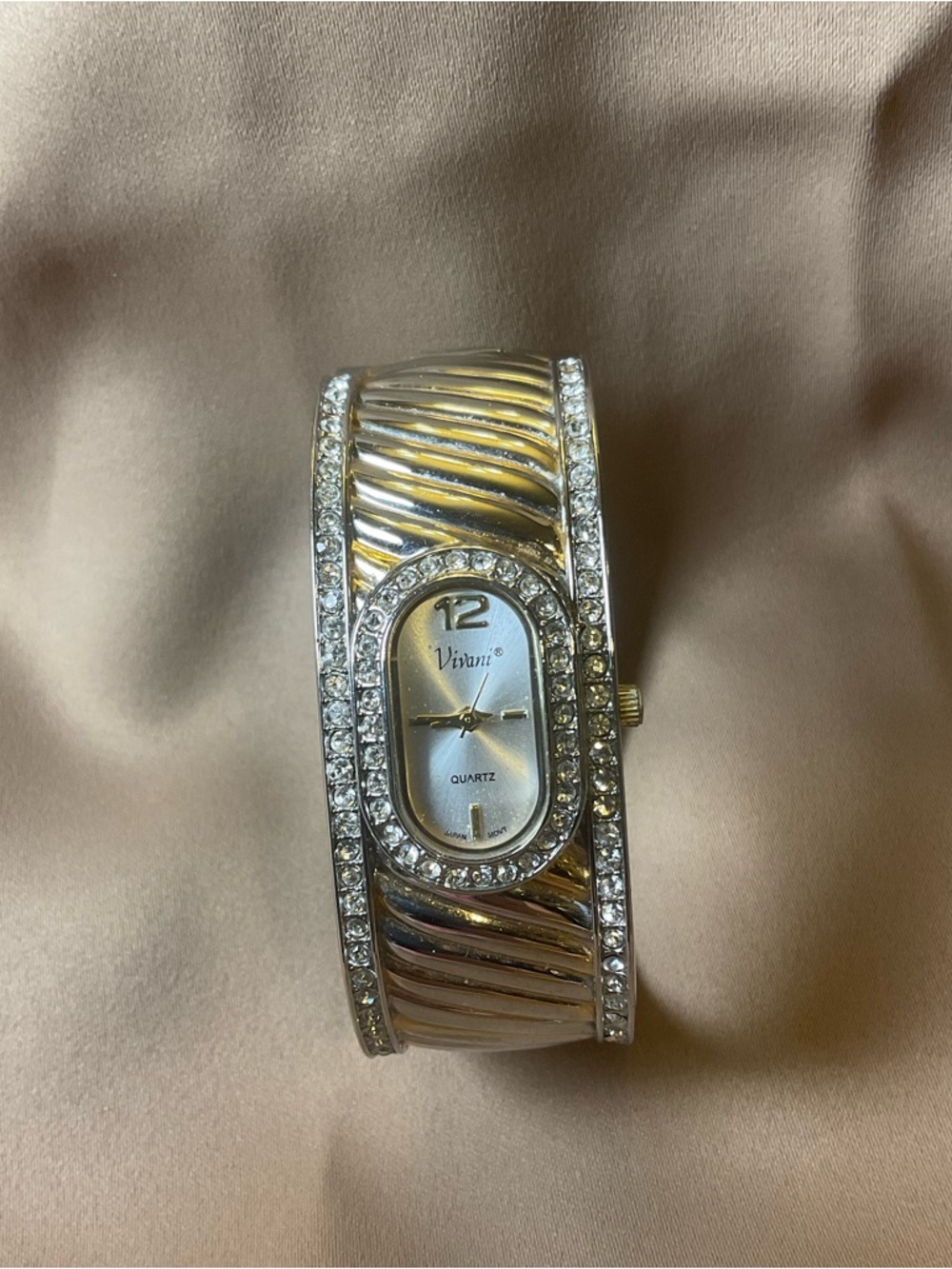 Vivani Rhinestone Cuff Bangle Watch Gold Tone Wide Bracelet Quartz needs battery